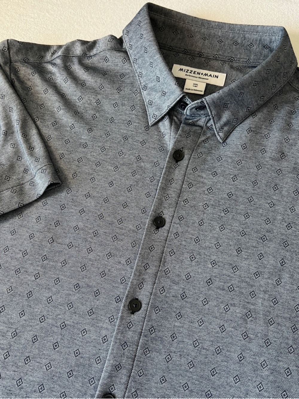 Mizzen + Main Men XXL Trim Fit Shirt Blue Halyard Diamond Pattern SS Button Up